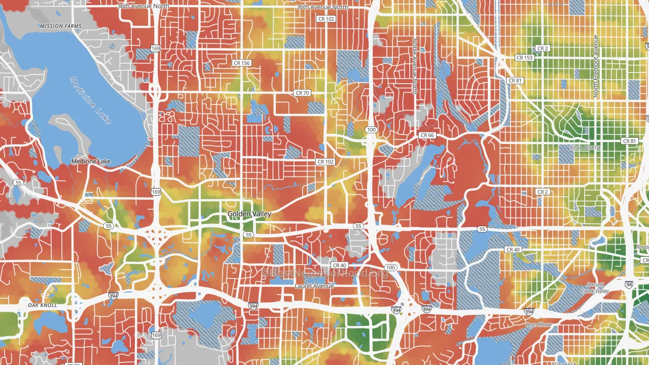 Walk Grade map of Golden Valley, MN, walkable areas in green and car-dependent areas in red