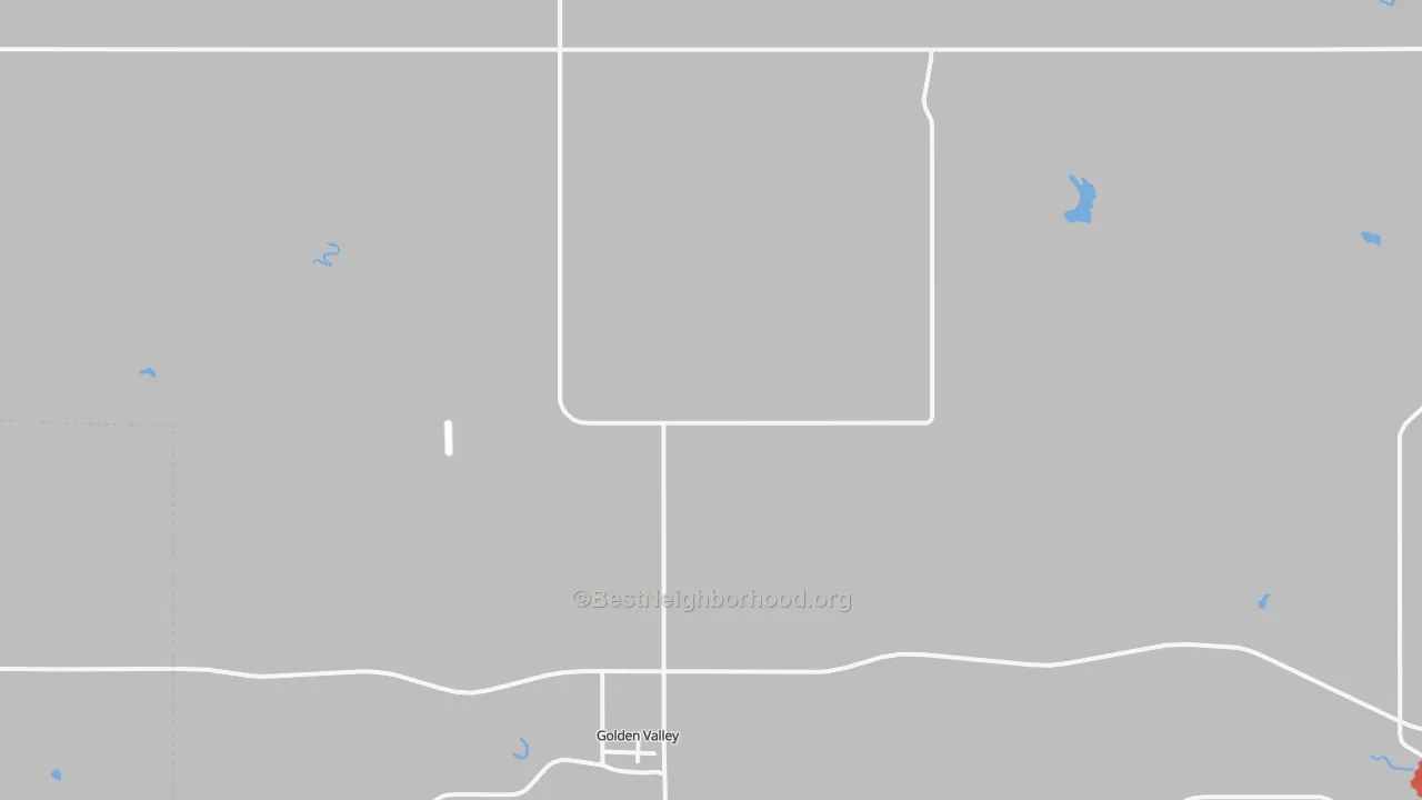 Walk Grade map of Golden Valley, ND, walkable areas in green and car-dependent areas in red