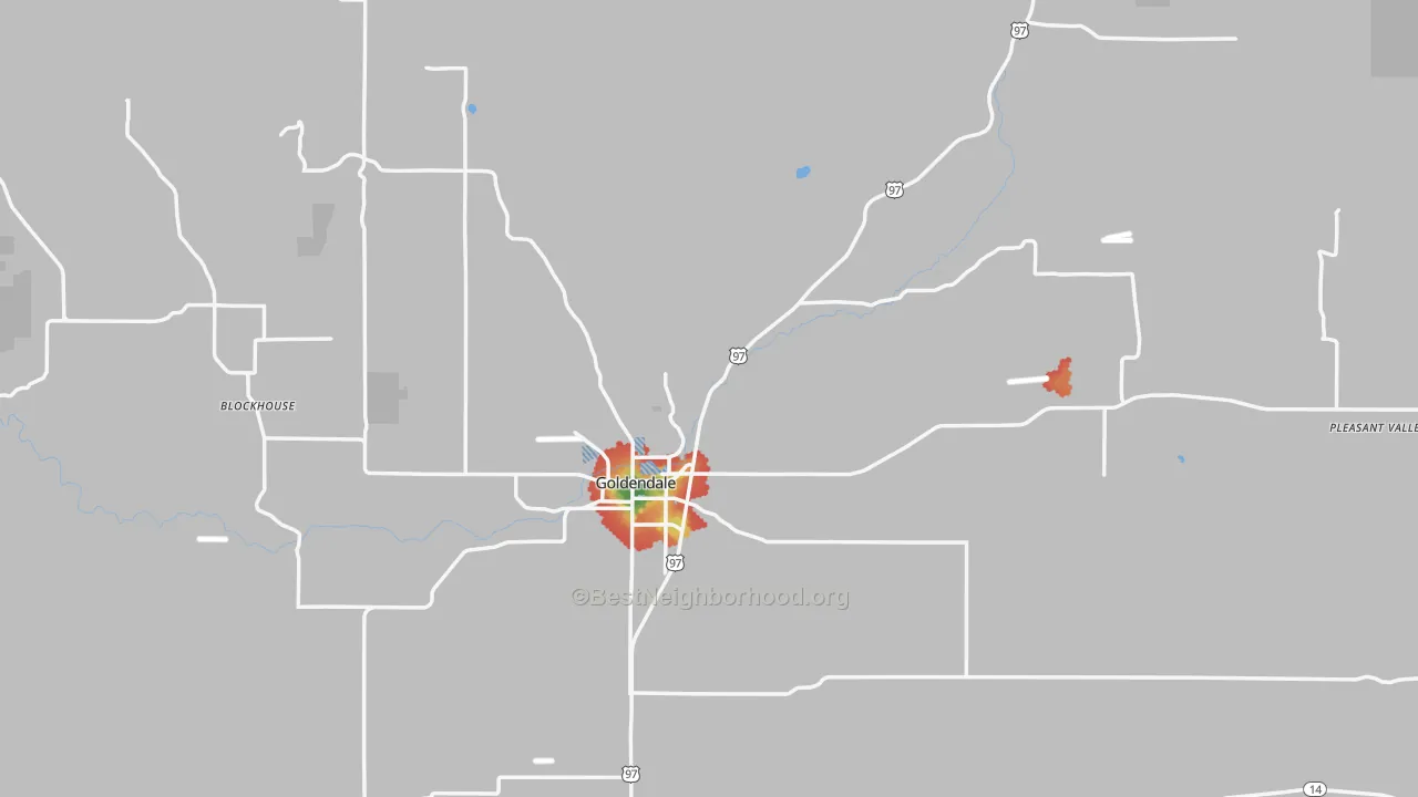 Walk Grade map of Goldendale, WA, walkable areas in green and car-dependent areas in red