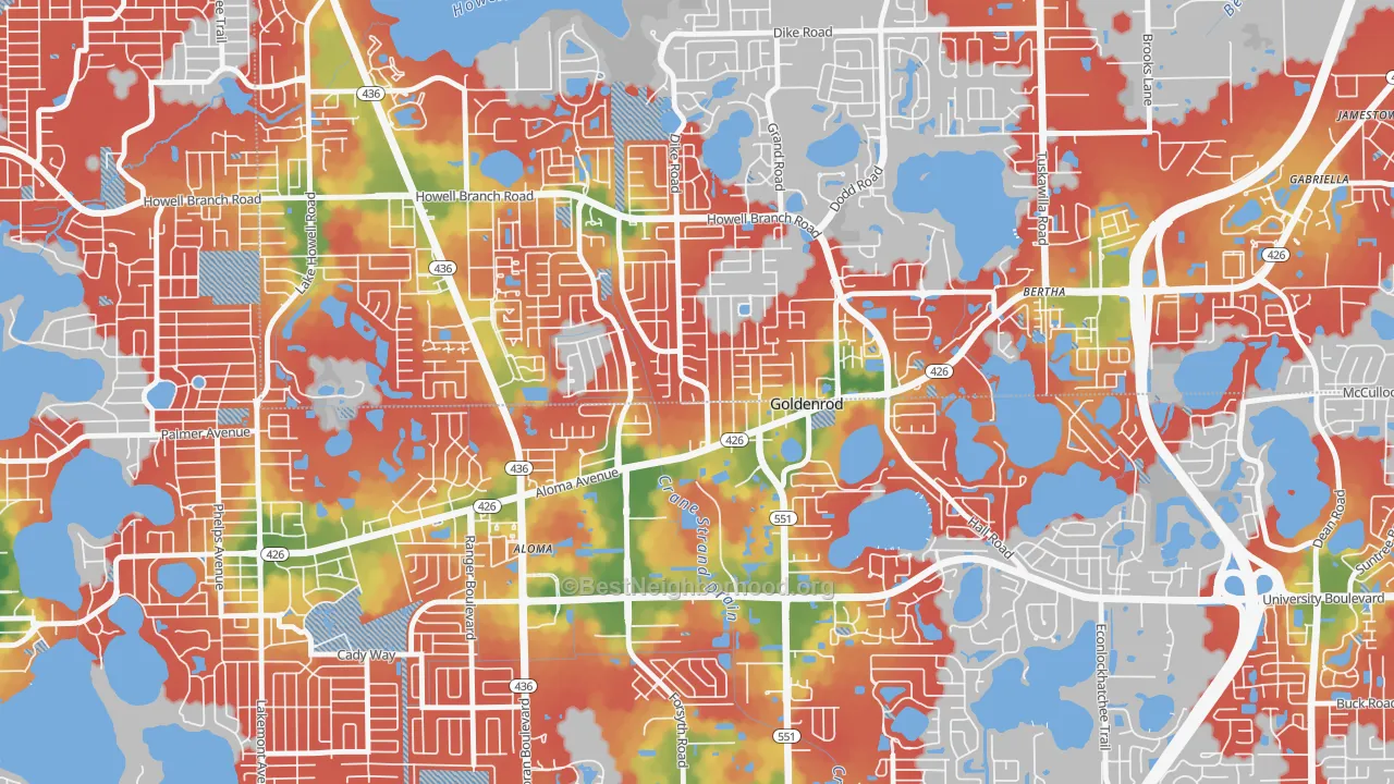 Walk Grade map of Goldenrod, FL, walkable areas in green and car-dependent areas in red
