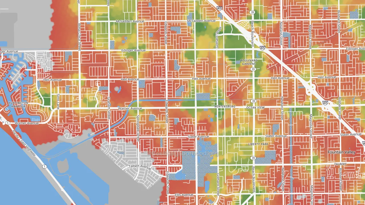 Walk Grade map of Goldenwest, Huntington Beach, CA, walkable areas in green and car-dependent areas in red