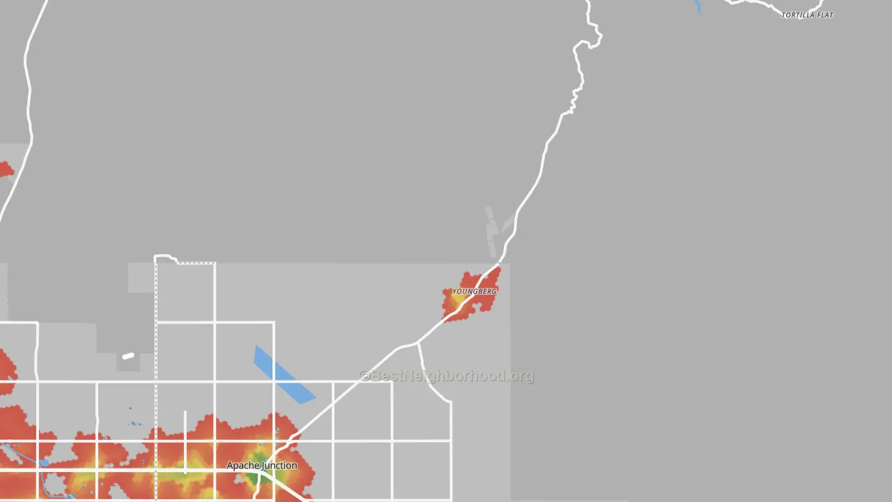 Walk Grade map of Goldfield, AZ, walkable areas in green and car-dependent areas in red
