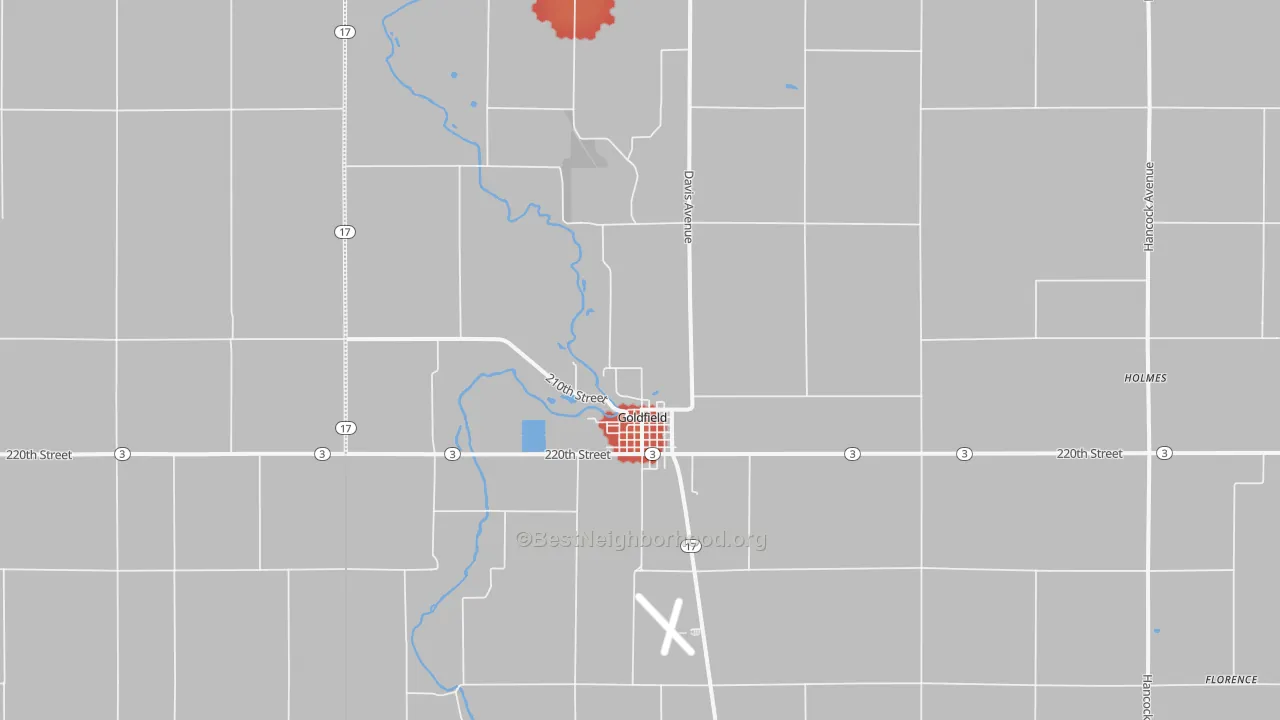 Walk Grade map of Goldfield, IA, walkable areas in green and car-dependent areas in red