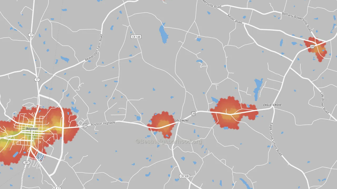 Walk Grade map of Goldmine, GA, walkable areas in green and car-dependent areas in red