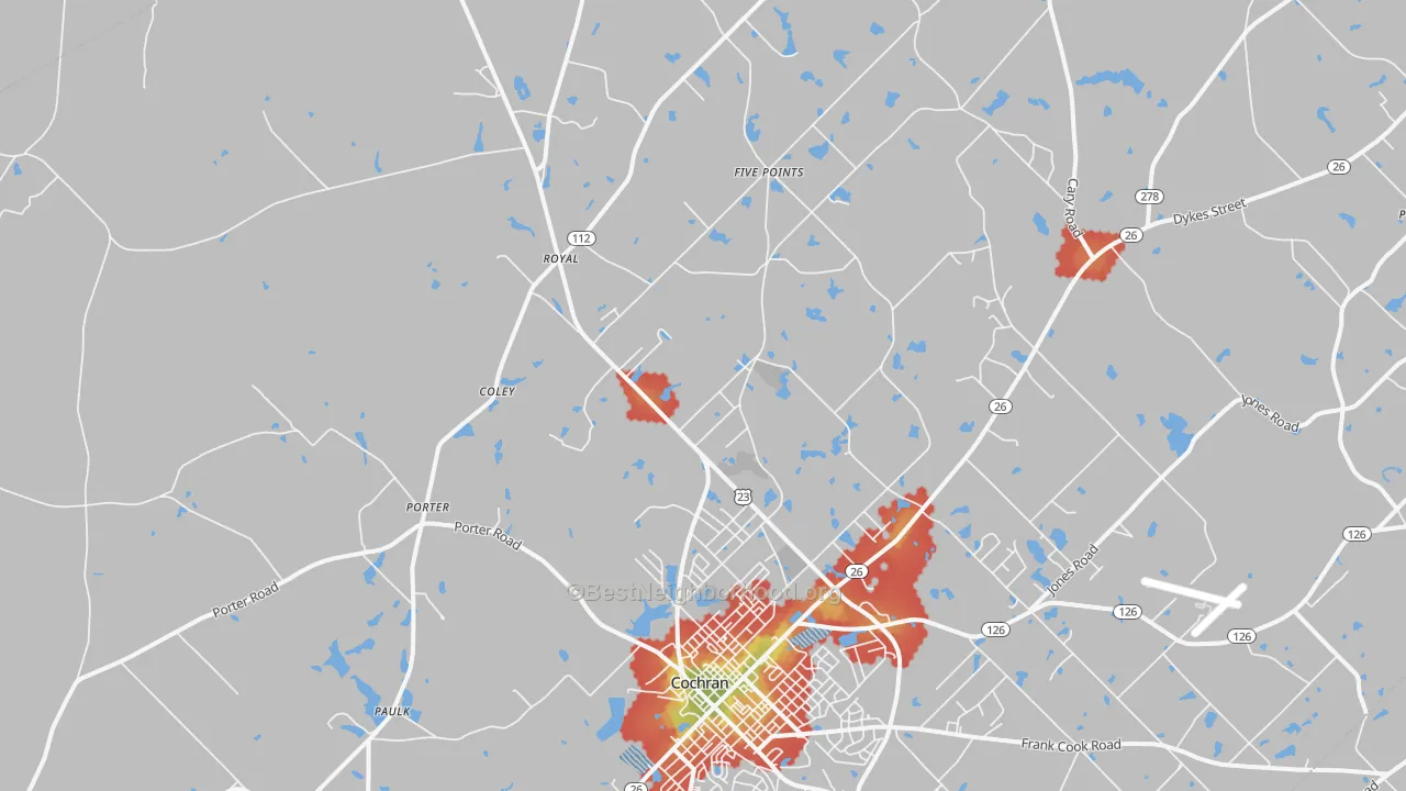 Walk Grade map of Goldsboro, GA, walkable areas in green and car-dependent areas in red