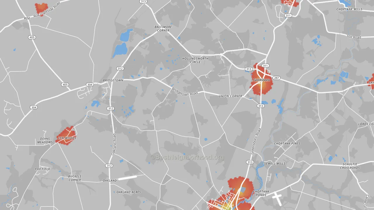 Walk Grade map of Goldsboro, MD, walkable areas in green and car-dependent areas in red