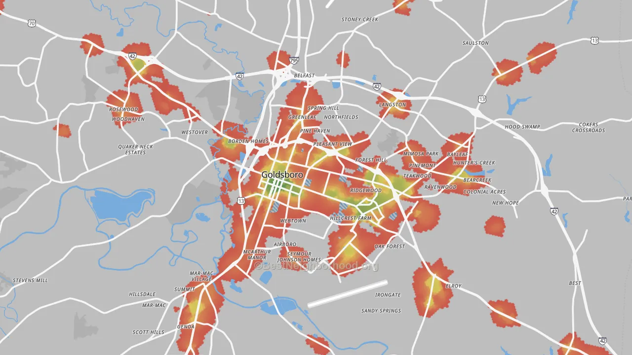 Walk Grade map of Goldsboro, NC, walkable areas in green and car-dependent areas in red