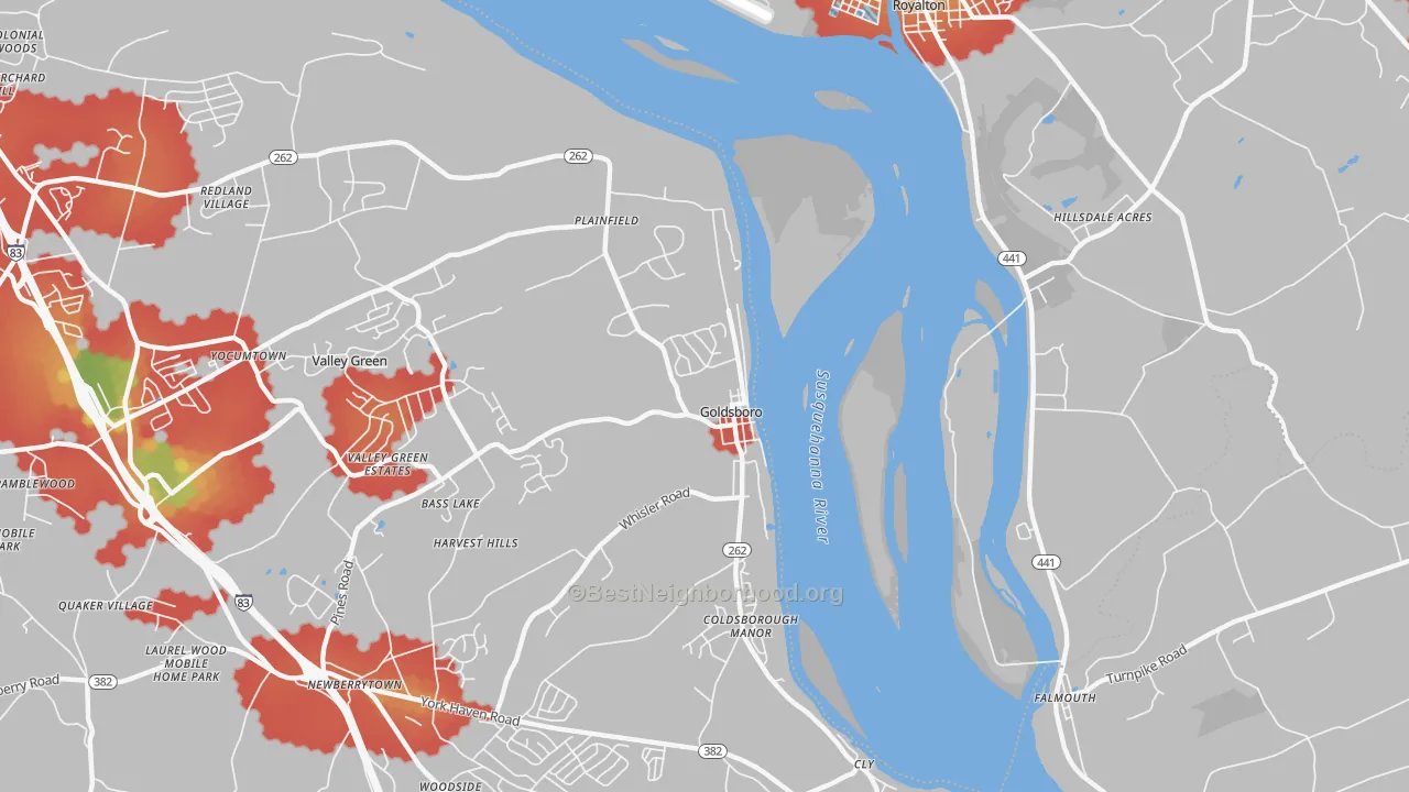 Walk Grade map of Goldsboro, PA, walkable areas in green and car-dependent areas in red