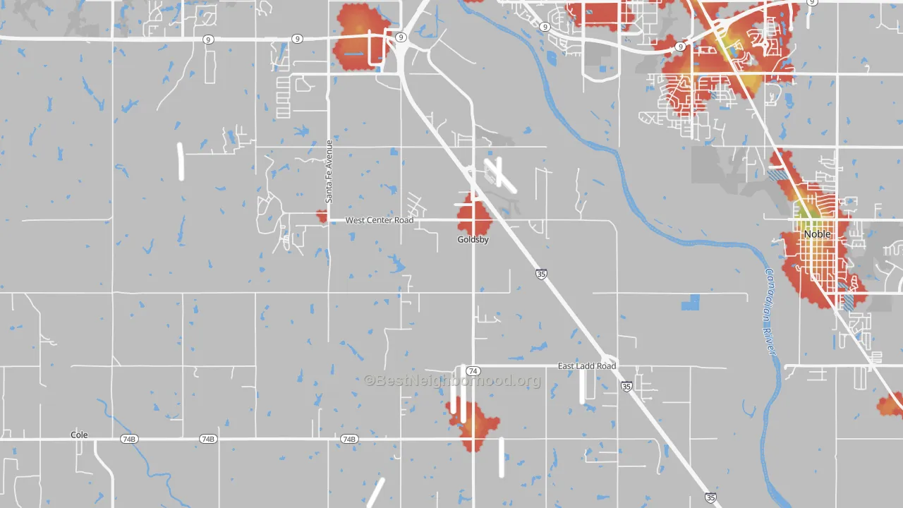 Walk Grade map of Goldsby, OK, walkable areas in green and car-dependent areas in red