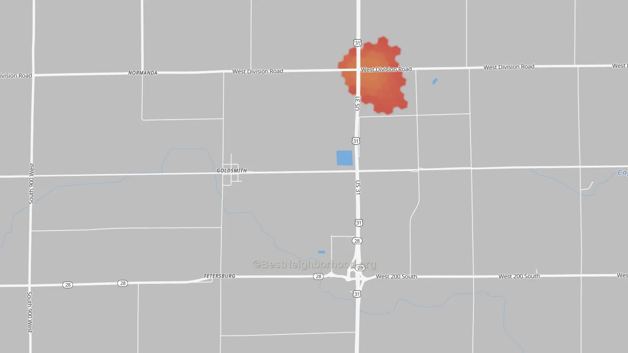 Walk Grade map of Goldsmith, IN, walkable areas in green and car-dependent areas in red