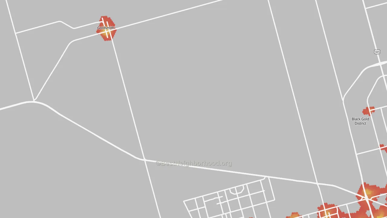 Walk Grade map of Goldsmith, TX, walkable areas in green and car-dependent areas in red