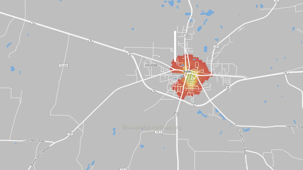 Walk Grade map of Goldson, GA, walkable areas in green and car-dependent areas in red