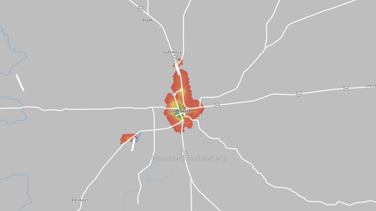 Walk Grade map of Goldthwaite, TX, walkable areas in green and car-dependent areas in red