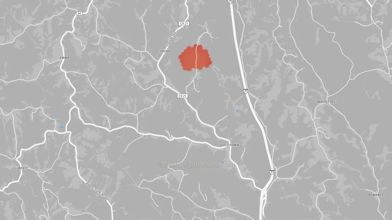 Walk Grade map of Goldtown, WV, walkable areas in green and car-dependent areas in red
