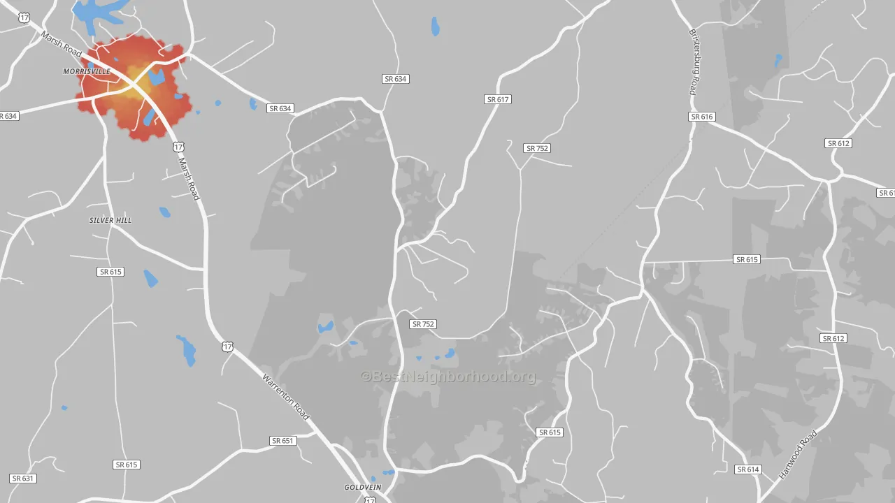 Walk Grade map of Goldvein, VA, walkable areas in green and car-dependent areas in red
