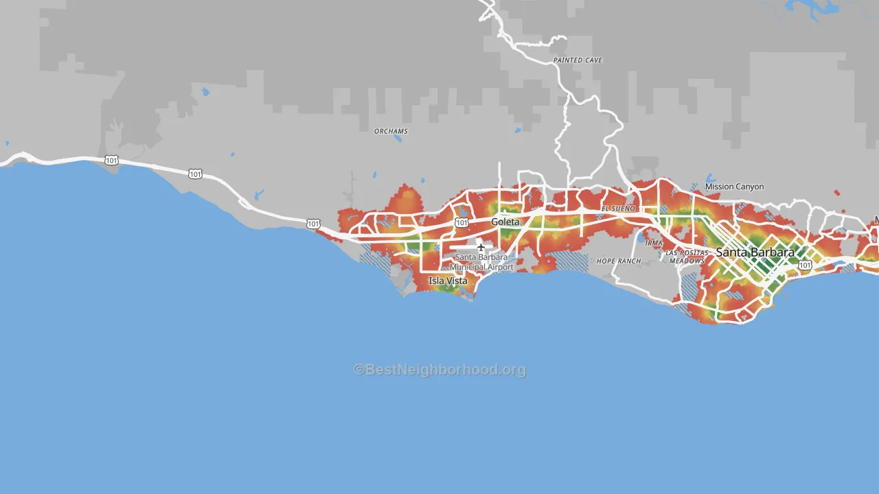 Walk Grade map of Goleta, CA, walkable areas in green and car-dependent areas in red