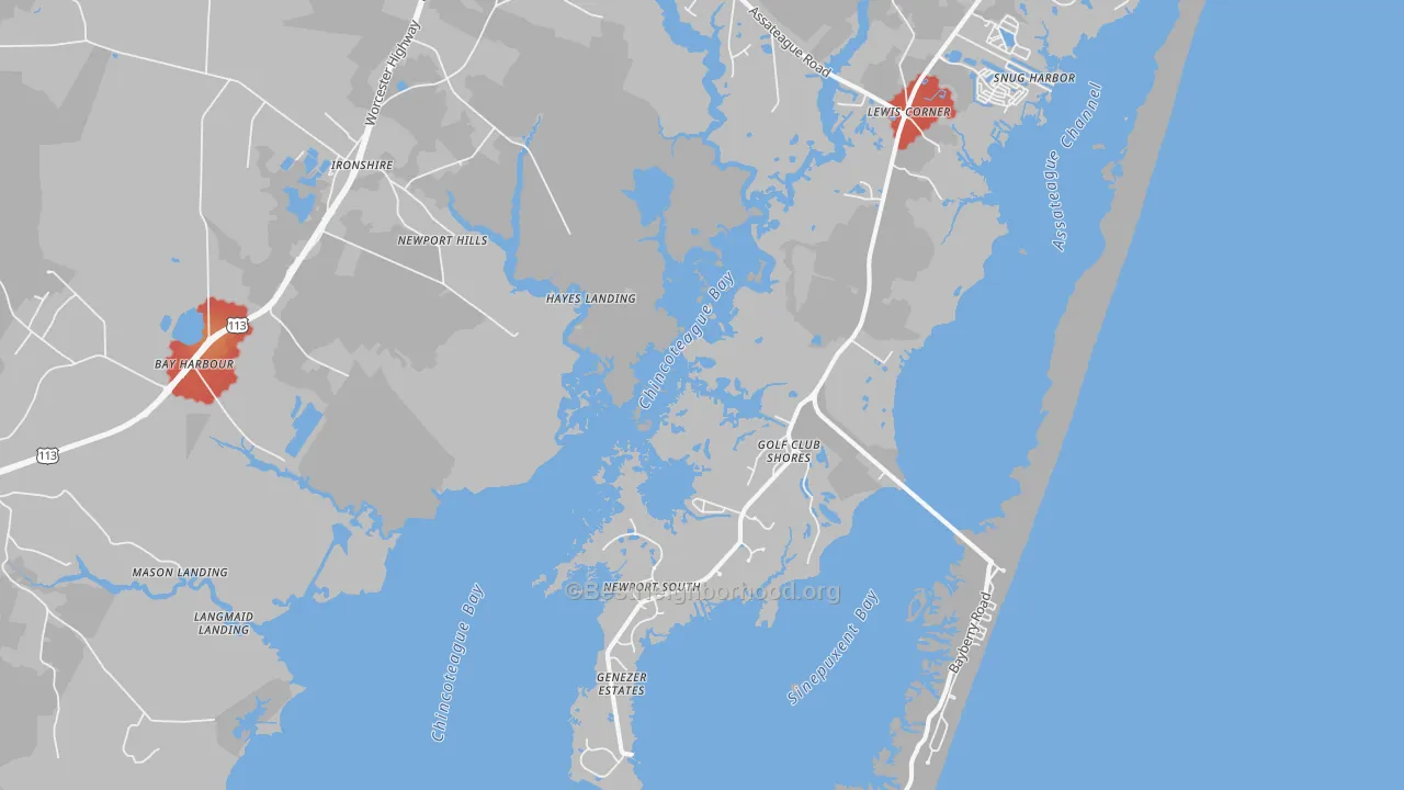 Walk Grade map of Golf Club Shores, MD, walkable areas in green and car-dependent areas in red
