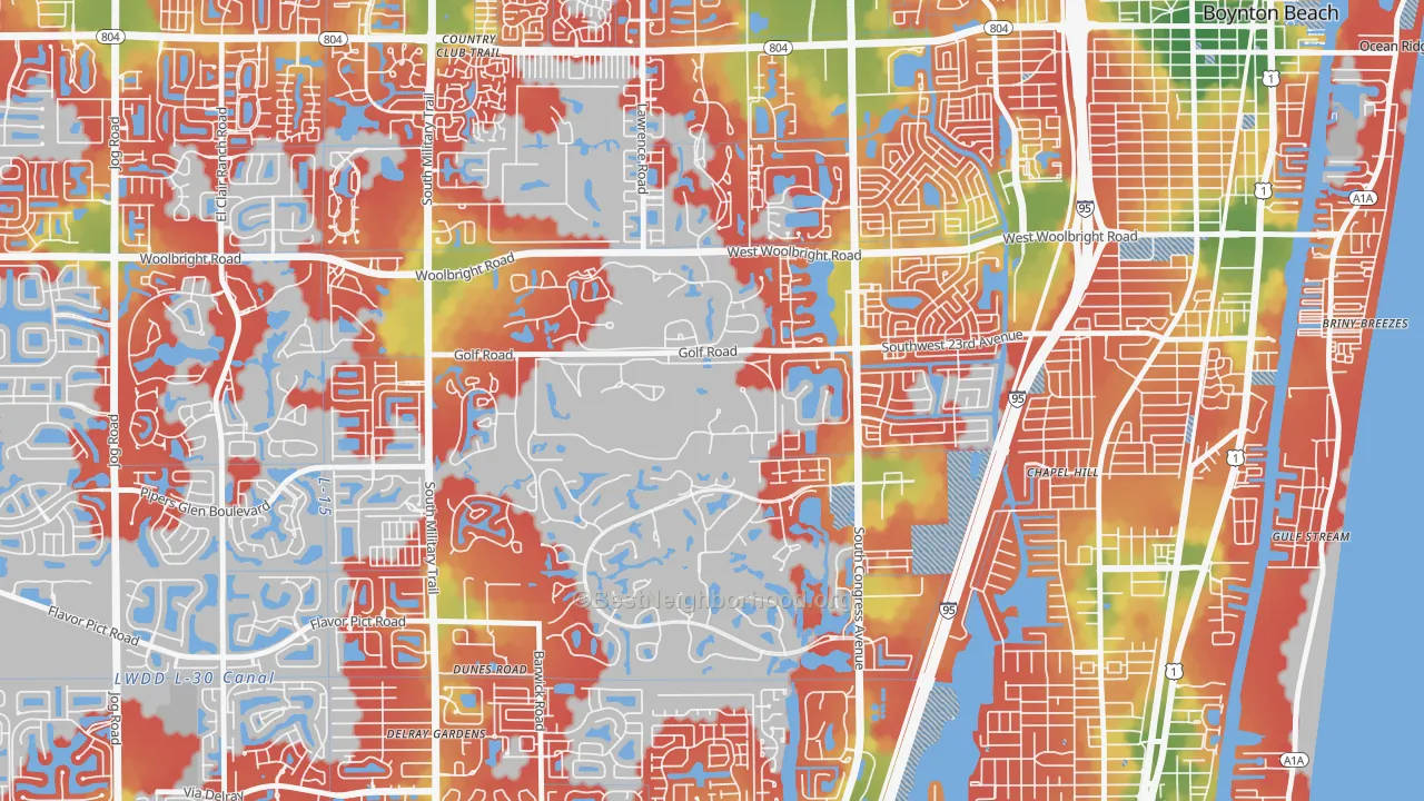 Walk Grade map of Golf, FL, walkable areas in green and car-dependent areas in red