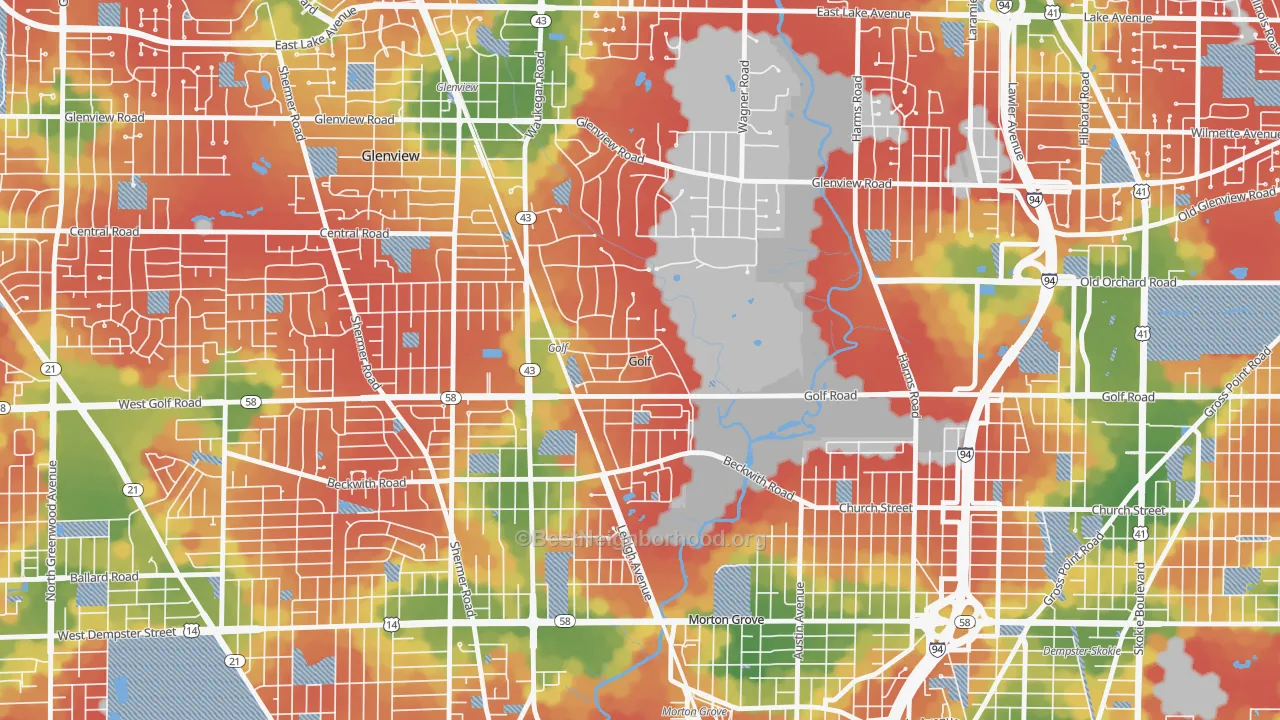 Walk Grade map of Golf, IL, walkable areas in green and car-dependent areas in red