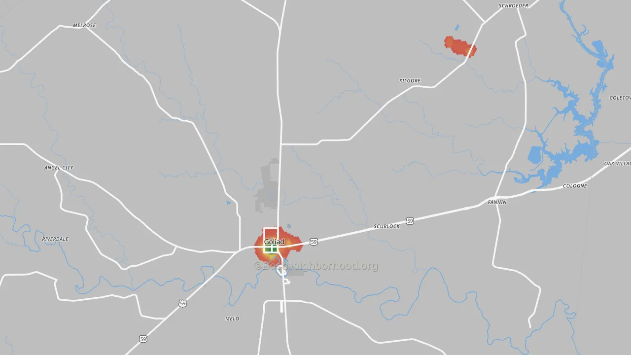Walk Grade map of Goliad County, TX, walkable areas in green and car-dependent areas in red