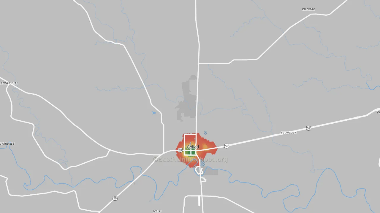 Walk Grade map of Goliad, TX, walkable areas in green and car-dependent areas in red