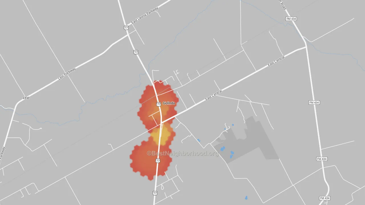 Walk Grade map of Golinda, TX, walkable areas in green and car-dependent areas in red