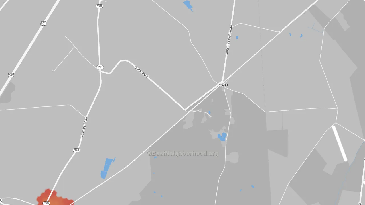 Walk Grade map of Golts, MD, walkable areas in green and car-dependent areas in red