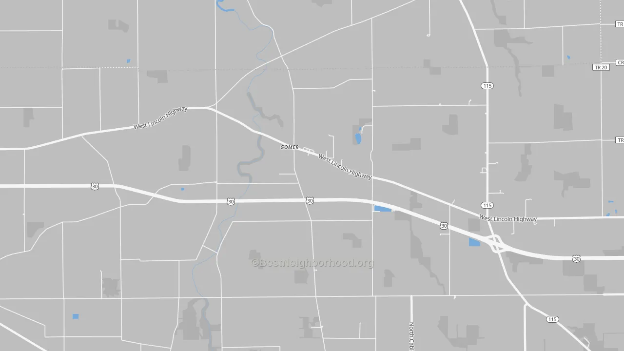 Walk Grade map of Gomer, OH, walkable areas in green and car-dependent areas in red