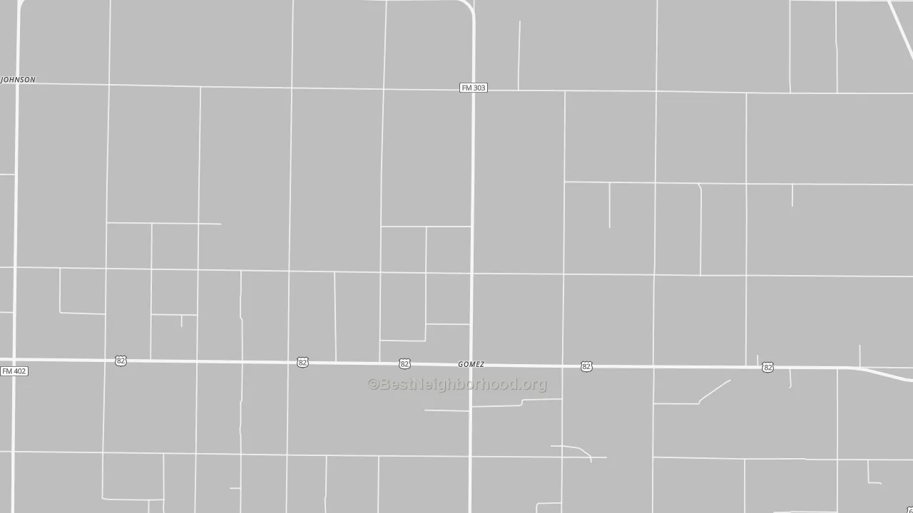 Walk Grade map of Gomez, TX, walkable areas in green and car-dependent areas in red