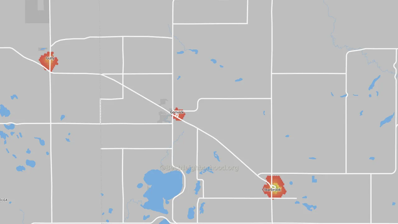 Walk Grade map of Gonvick, MN, walkable areas in green and car-dependent areas in red