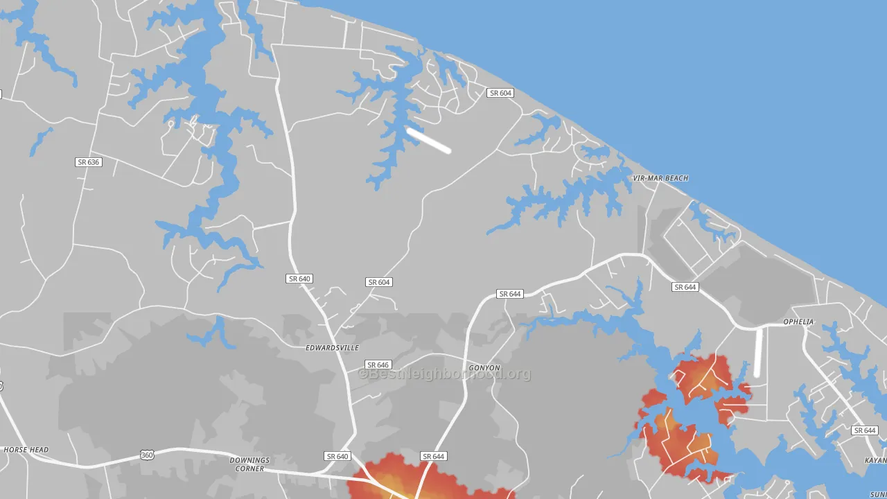Walk Grade map of Gonyon, VA, walkable areas in green and car-dependent areas in red
