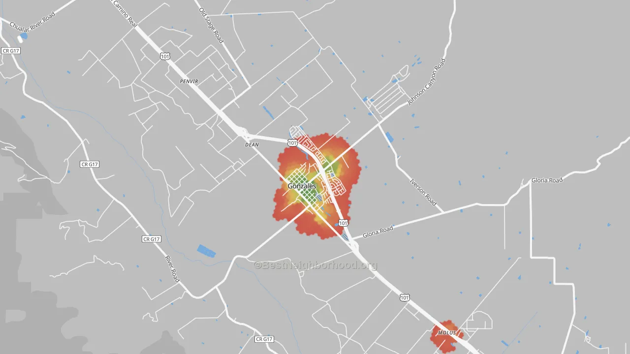 Walk Grade map of Gonzales, CA, walkable areas in green and car-dependent areas in red