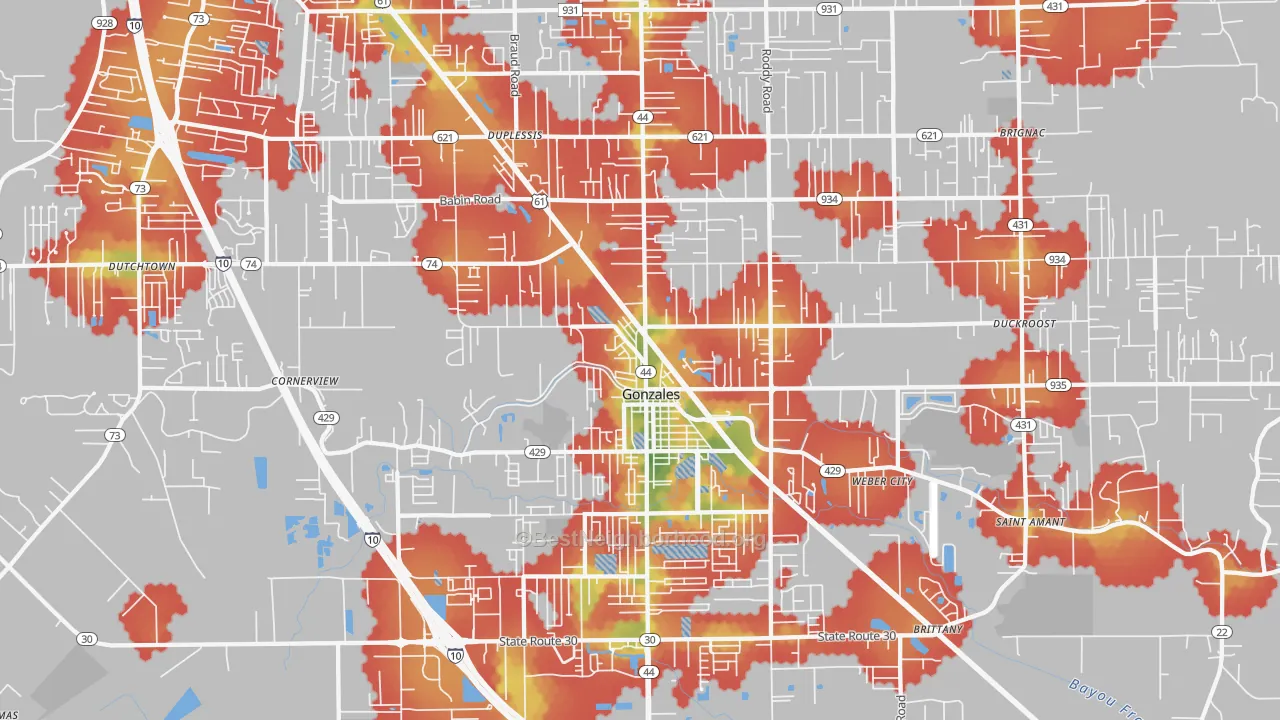 Walk Grade map of Gonzales, LA, walkable areas in green and car-dependent areas in red
