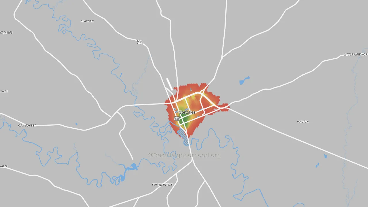 Walk Grade map of Gonzales, TX, walkable areas in green and car-dependent areas in red