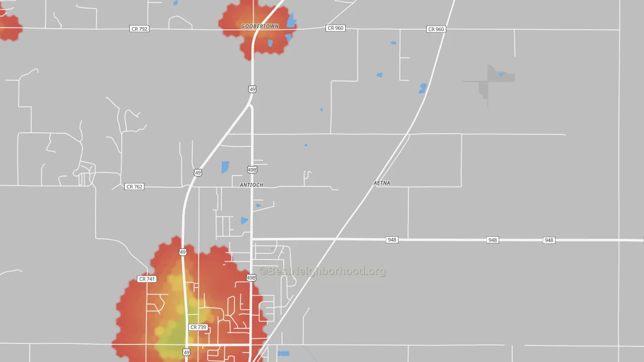 Walk Grade map of Goobertown, AR, walkable areas in green and car-dependent areas in red