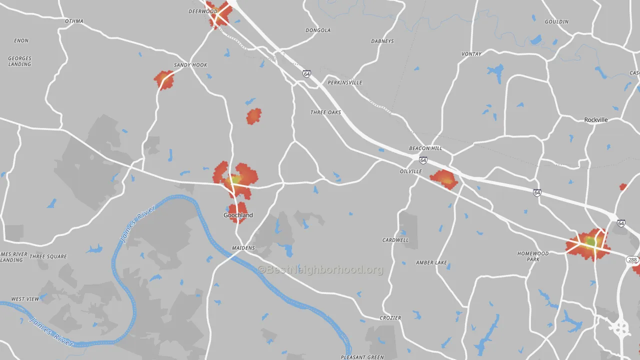Walk Grade map of Goochland County, VA, walkable areas in green and car-dependent areas in red