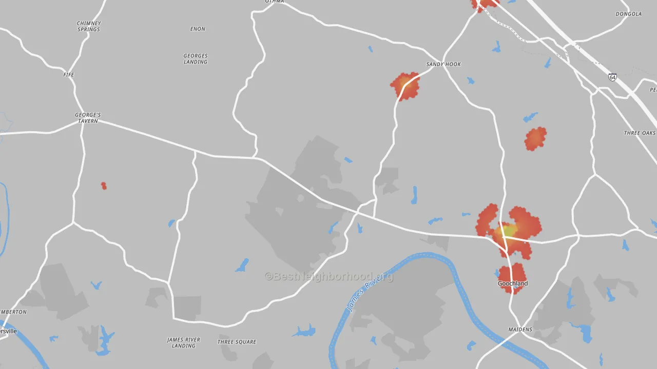 Walk Grade map of Goochland, VA, walkable areas in green and car-dependent areas in red