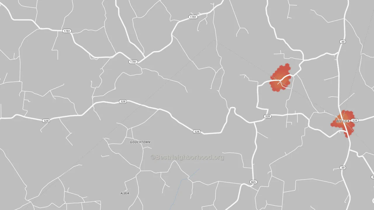 Walk Grade map of Goochtown, KY, walkable areas in green and car-dependent areas in red