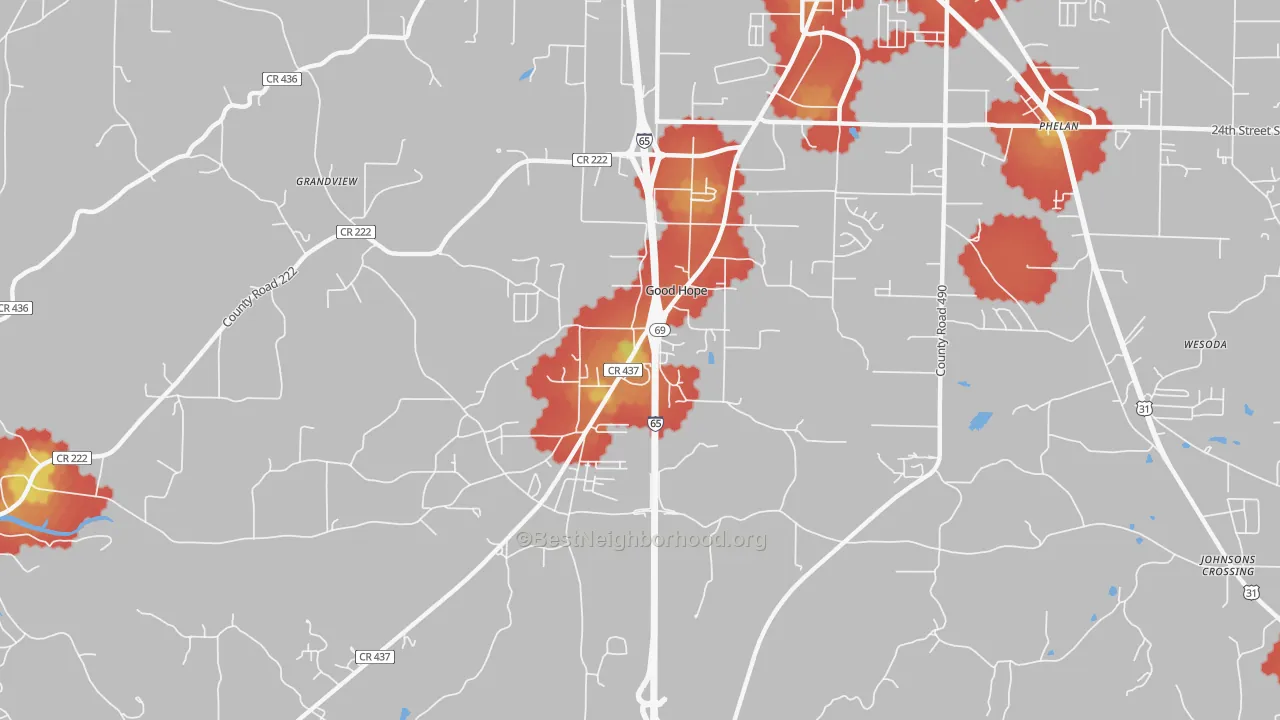 Walk Grade map of Good Hope, AL, walkable areas in green and car-dependent areas in red