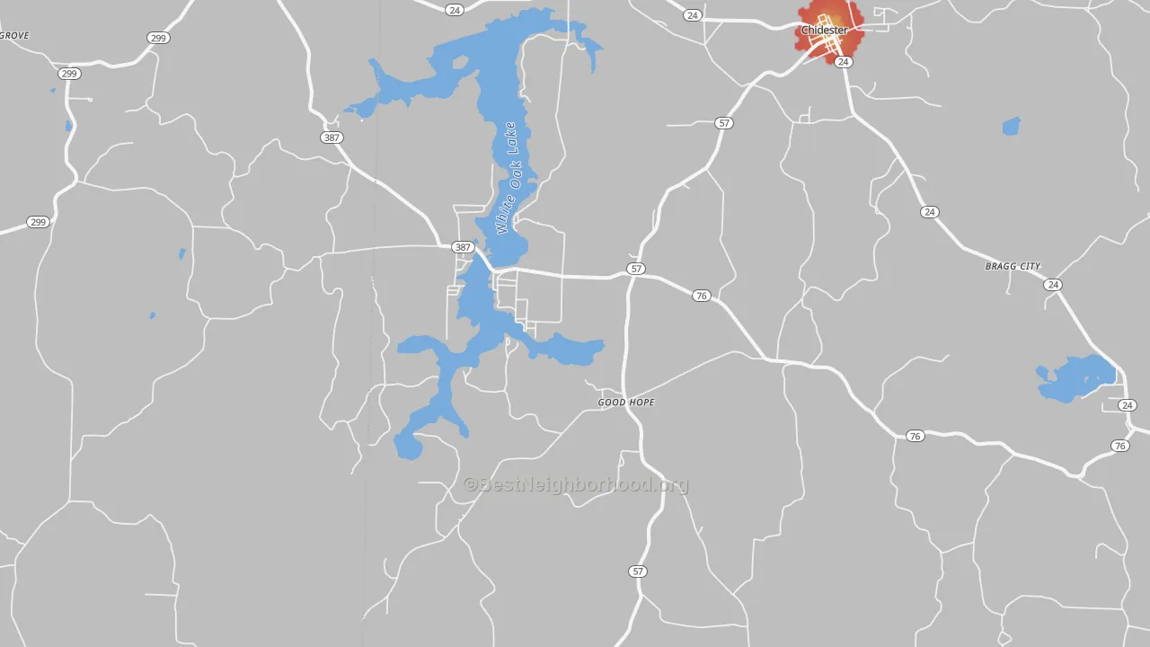 Walk Grade map of Good Hope, AR, walkable areas in green and car-dependent areas in red
