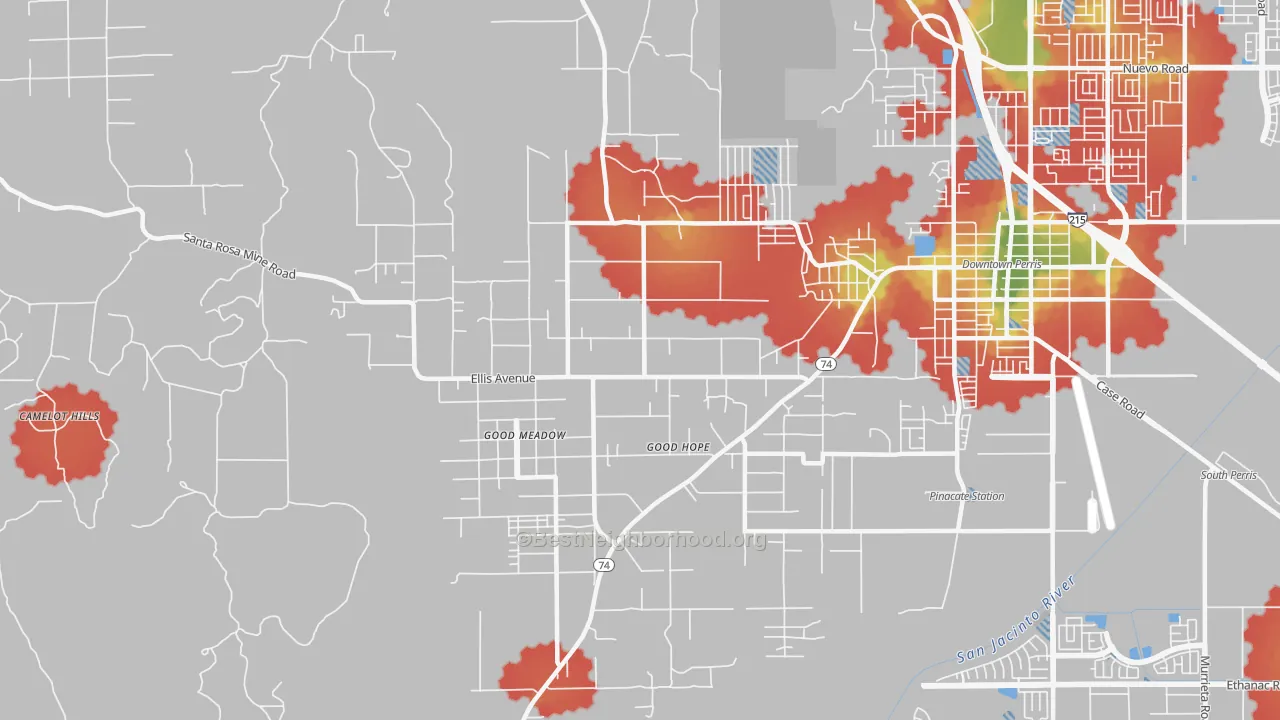 Walk Grade map of Good Hope, CA, walkable areas in green and car-dependent areas in red