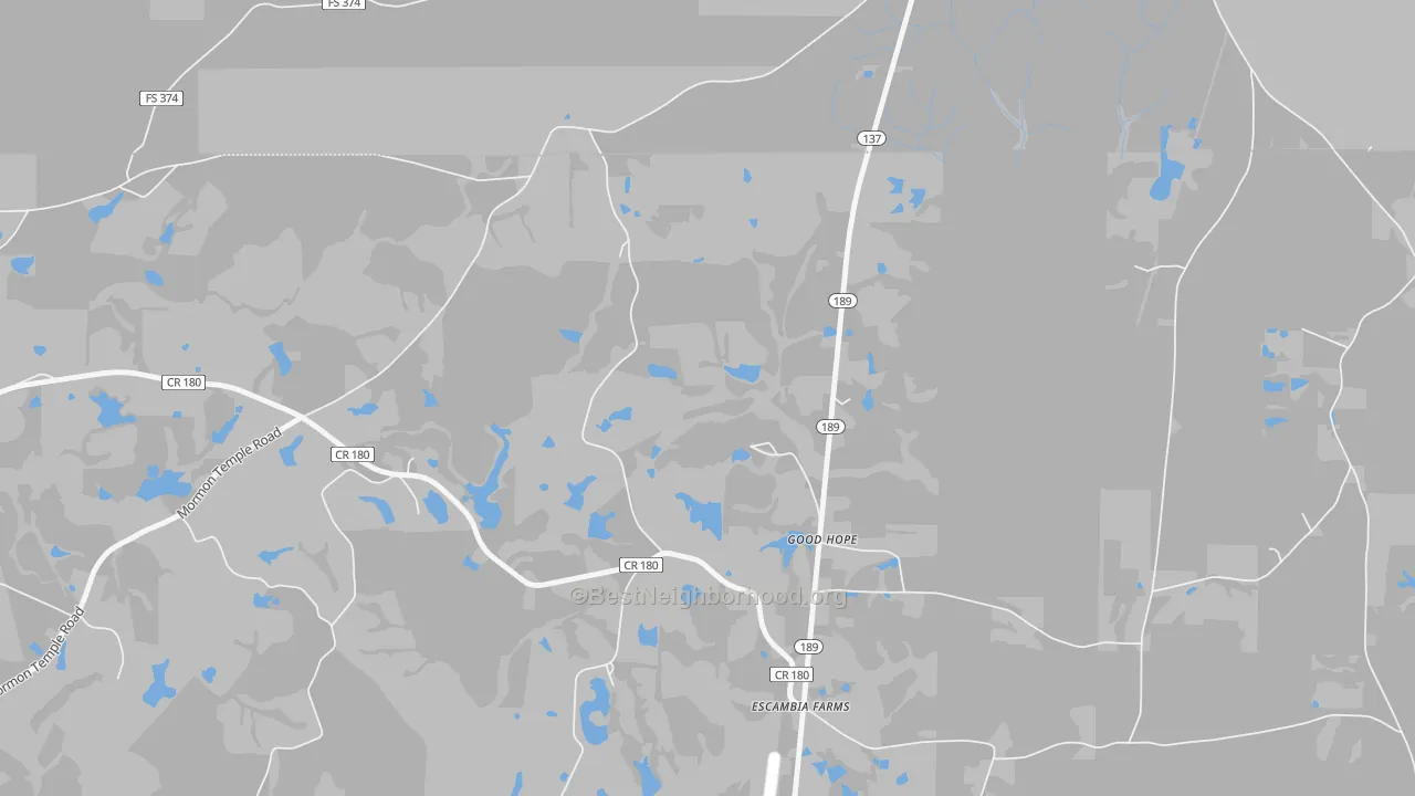 Walk Grade map of Good Hope, FL, walkable areas in green and car-dependent areas in red