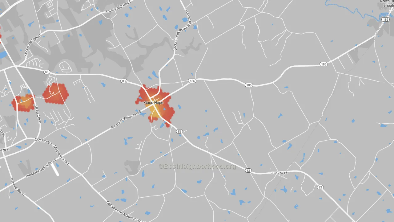 Walk Grade map of Good Hope, GA, walkable areas in green and car-dependent areas in red