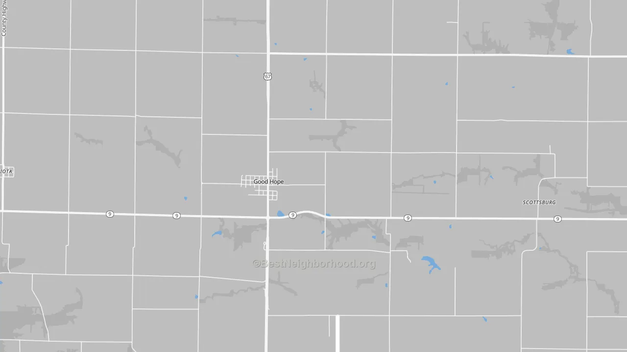 Walk Grade map of Good Hope, IL, walkable areas in green and car-dependent areas in red