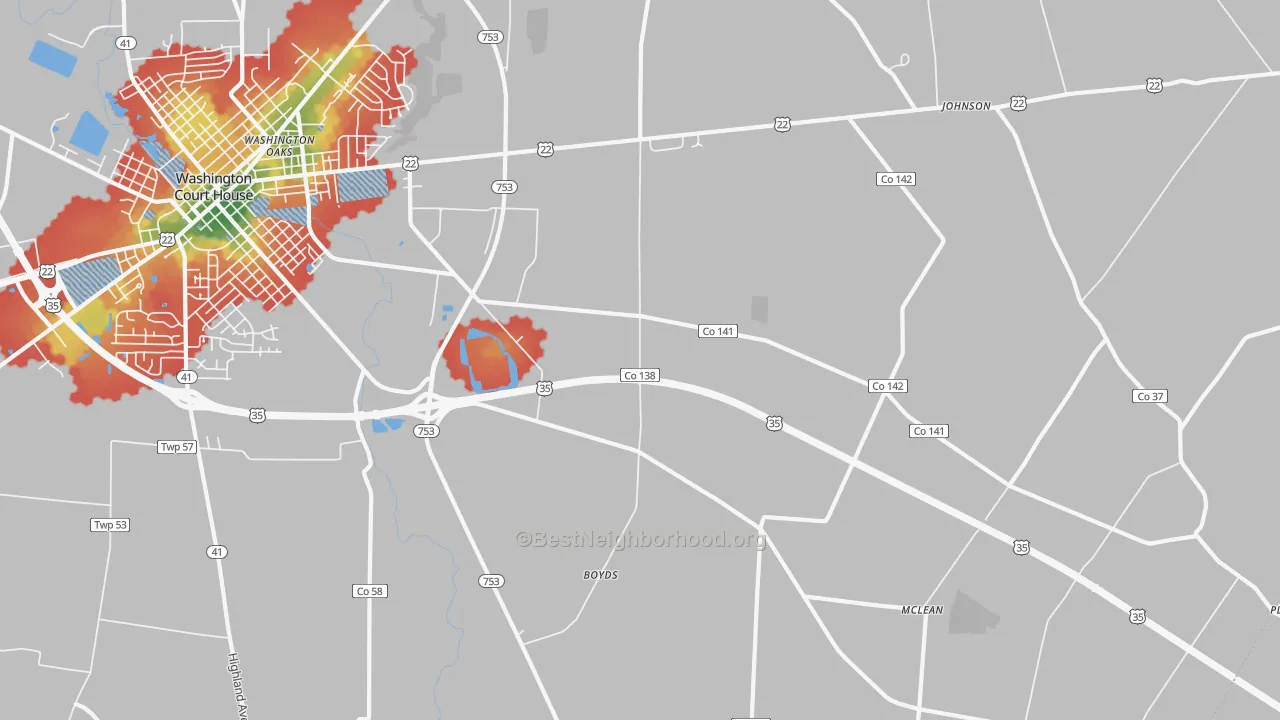 Walk Grade map of Good Hope, OH, walkable areas in green and car-dependent areas in red