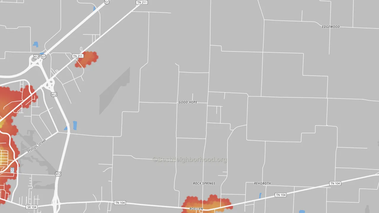 Walk Grade map of Good Hope, TN, walkable areas in green and car-dependent areas in red