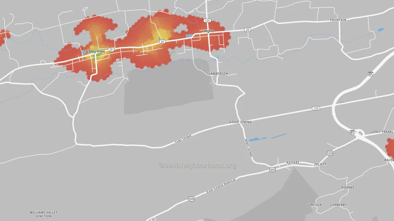 Walk Grade map of Good Spring, PA, walkable areas in green and car-dependent areas in red
