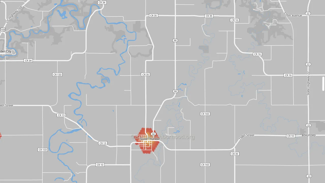Walk Grade map of Good Thunder, MN, walkable areas in green and car-dependent areas in red