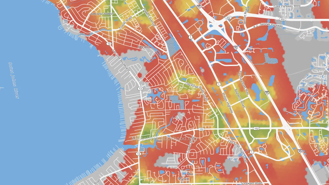 Walk Grade map of Goodby's Creek, Jacksonville, FL, walkable areas in green and car-dependent areas in red