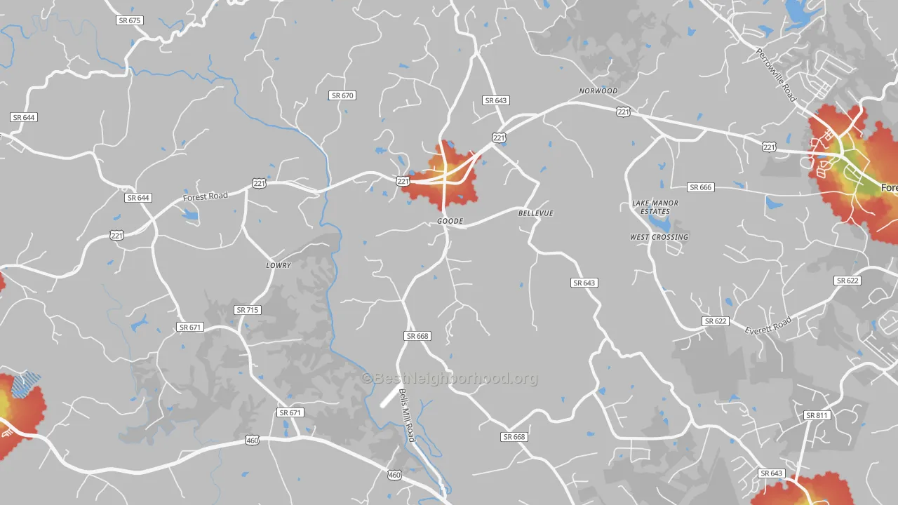Walk Grade map of Goode, VA, walkable areas in green and car-dependent areas in red